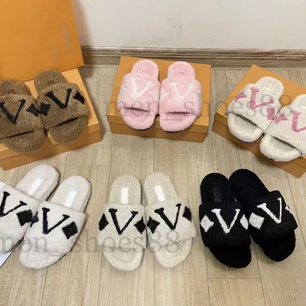 

luxury wool slippers designer new shoes black word beige blue pink plush autumn winter flat bottom sandal solid color fur fluffy slippers wo