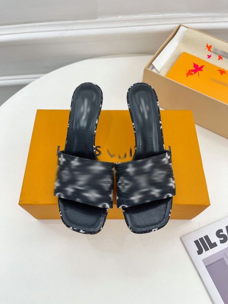 

summer womens high heels slippers striped sandals ladies casual scuffs block heel sandal outdoor shopping letters slipper box -l051, Black