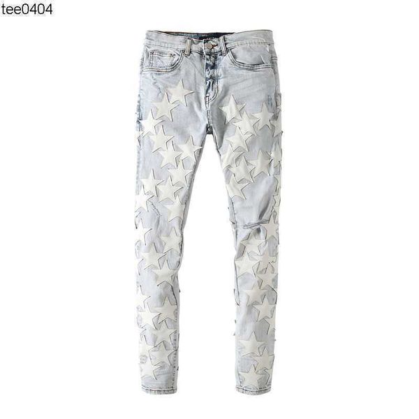 

off amirs high street fashion brand covered with stars skin stickers five pointed stars skin stitching holes washing water old jeans, Blue