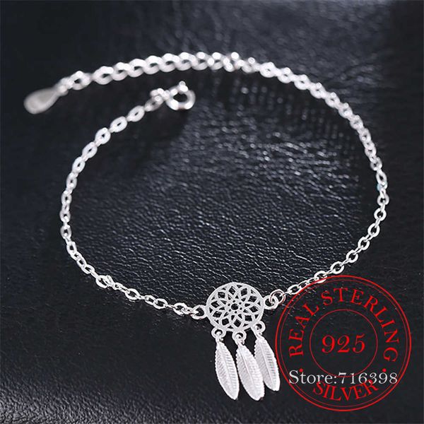 

beaded strands 925 sterling silver dreamcatcher feather charm bracelet for women bracelets bangles for girls gift pulseira feminina l221012, Black