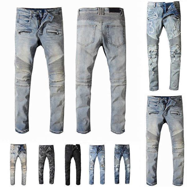 

men's jeans mens designer distressed ripped biker slim fit motorcycle denim for men s fashion mans pants pour hommes, Blue