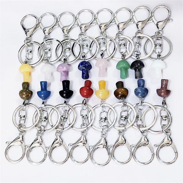 

mini mushroom statue lobster clasp key rings natural stone carved charms keychains healing crystal keyrings for women men, Slivery;golden