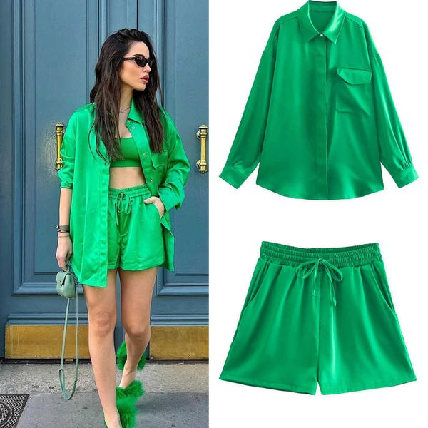 

women's two piece pants pb za 2022 summer new women's green silk satin drape pockets breasted long sleeve shirt lace-up high waist, White