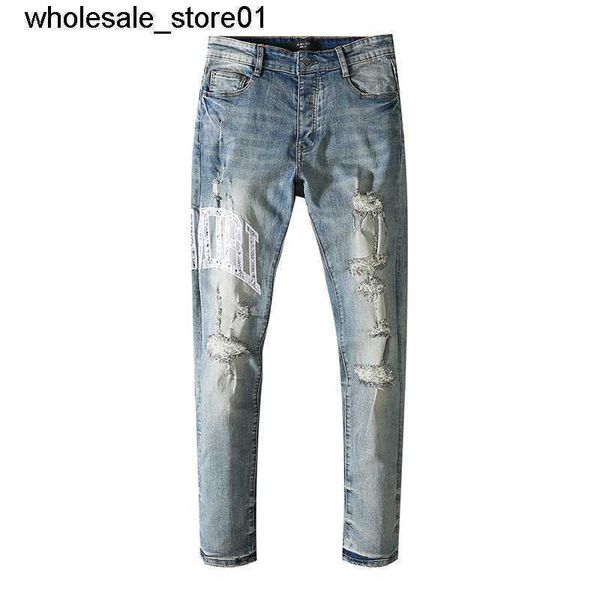 

men's jeans designer amirs hole side letter men's fashion streetwear jeans, Blue