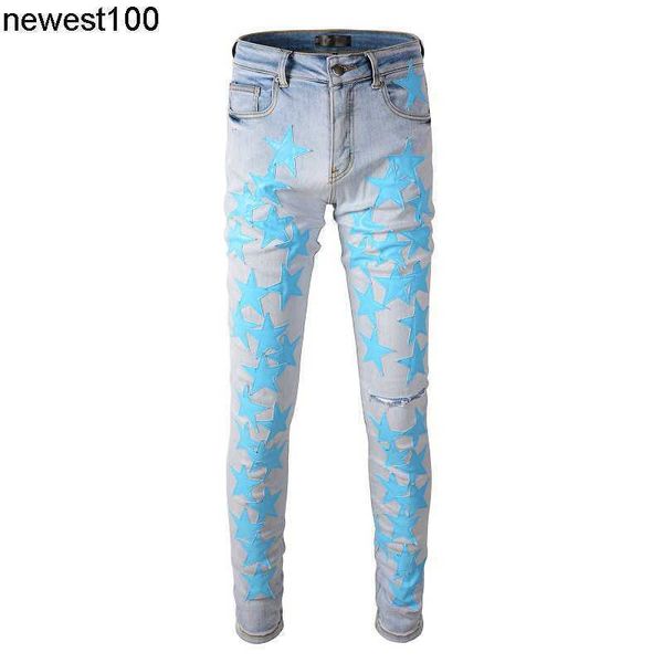 

men's designer jeans hole amirs skinned star trend jeans elastic slim jeans, Blue
