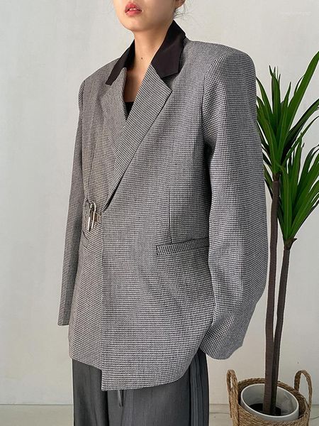 

women's jackets houndstooth blazer for women notched long sleeve patchwork single breasted hit color temperament female autumn, Black;brown
