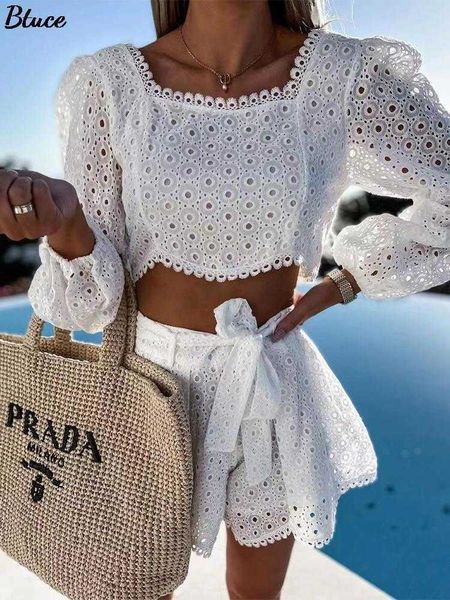 

women's two piece pants women lace ruffles two piece shorts sets hollow out crop and high waist shorts suits casual solid lace up loose, White
