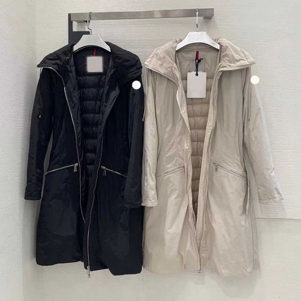 

designer maya brand women's hooded down jacket luxury men's embroidered badge long reversible trench coat, Black