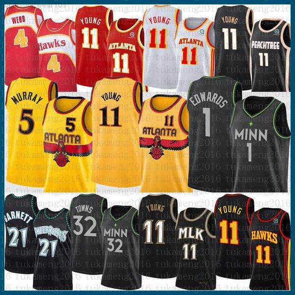 

basketball jerseys 21 1 32 trae young basketball jersey dejounte murray spud webb 11 5 4 kevin garnett anthony edwards karl-anthony towns at, Black;red