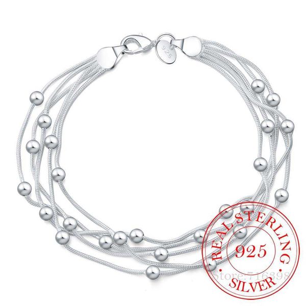 

beaded strands 925 delicate silver bracelet 925 sterling silver jewelry five line beads ball bracelets bangle for women pulseiras de prata l, Black