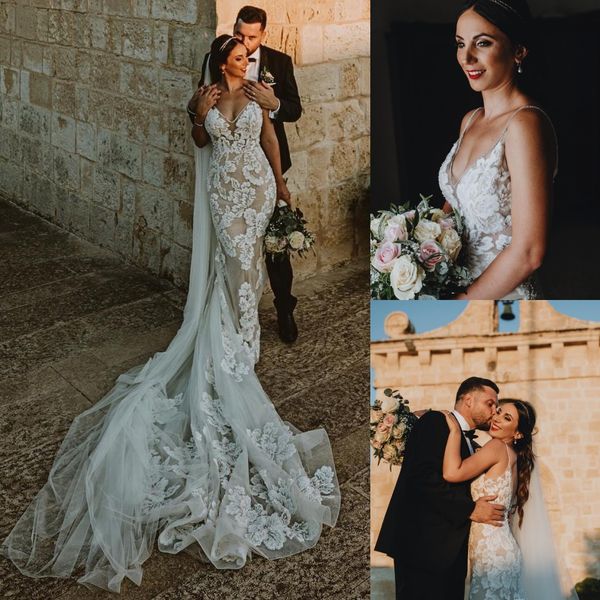 

stunning beaded mermaid wedding dresses v neckline backless bridal gowns lace tulle sweep train plus size vestido de novia, White