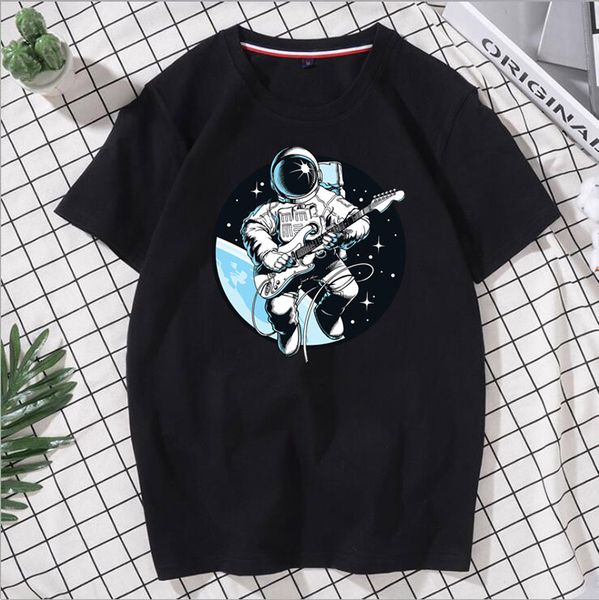 

t shirt designer letter printing pure cotton round neck short sleeve black and white silent deep space skateboard undershirt lonely astronau, White;black