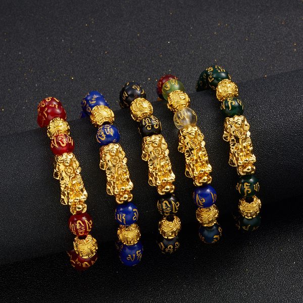 

10pcs men women feng shui bracelet luck wealth buddha obsidian stone beads bracelet hombre retro pixiu charm bracelet gifts, Golden;silver