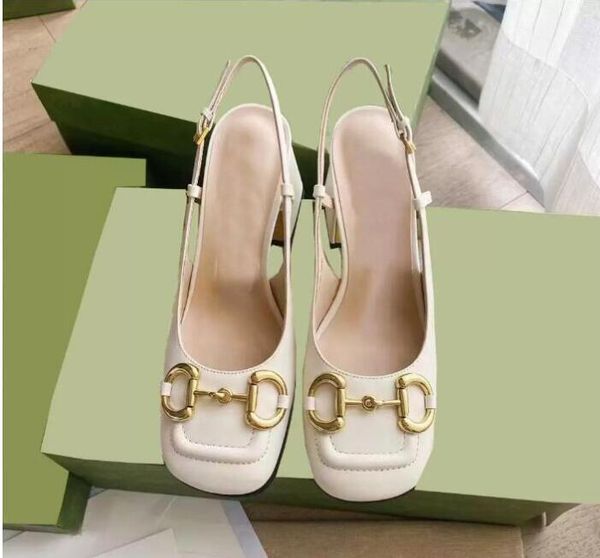 

2022 designer sandals vintage square toe mules horsebit mid-heel pumps summer women slingback sandal with box, Black