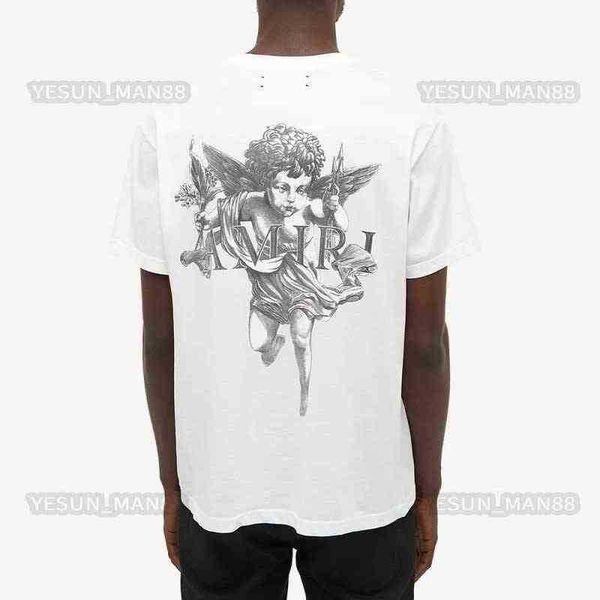 

designer european american fashion brand mens and womens angel oil painting printed round neck pullover t shirt summer high street tees, White;black