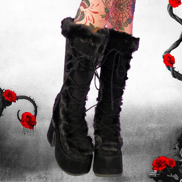 

gigifox new brand design goth warm fur goth women's boots chunky high heels platform cosplay winter shoes woman size 43 221016, Black