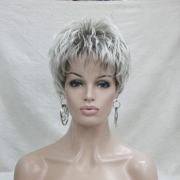 

fashion light gray with brown mix root short synthetic lady's wig, Black