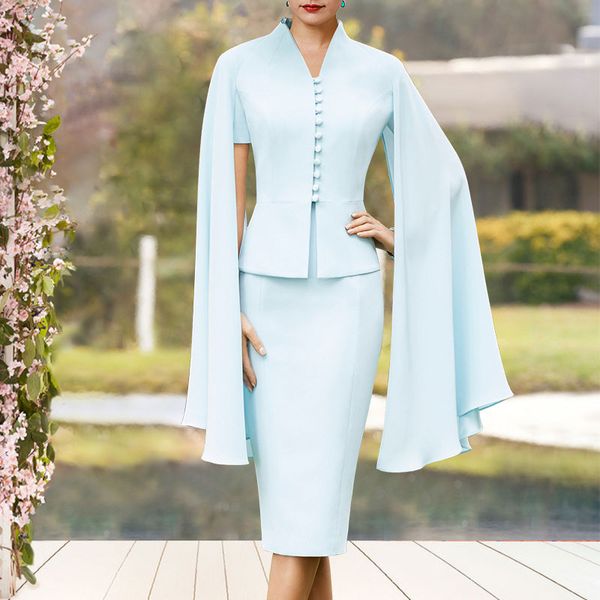 

two piece mother of the bride dress elegant scoop neck tea length groom guest gowns 2022 sheath sky blue with buttons robe de soiree, Black;red