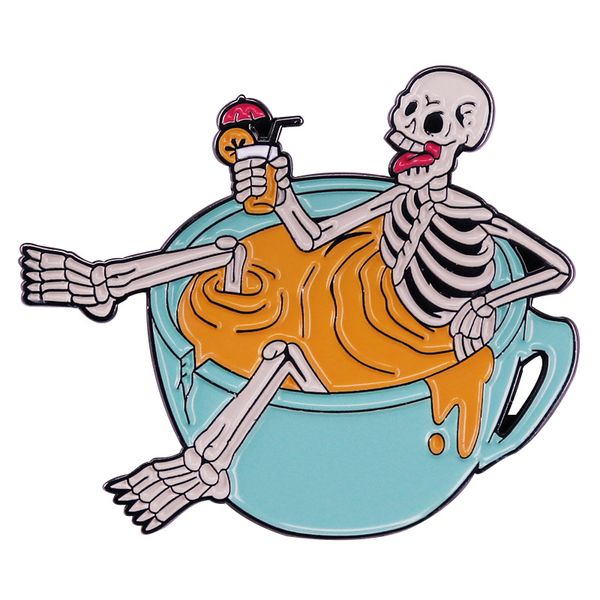 

halloween horror brooch skeleton sitting in the cup drinking coffee brooch metal badge accessory gift, Blue