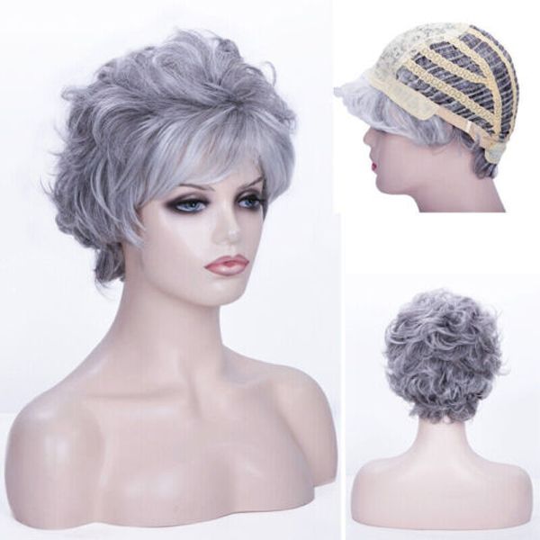 

womens silver gray short curly hair wigs grandma wig fashion full wig, Black