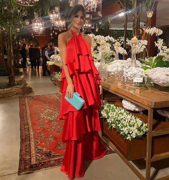 

halter neck prom dresses sleeveless backless celebrity women wear for special banquet tiered long formal party evening gowns, Black
