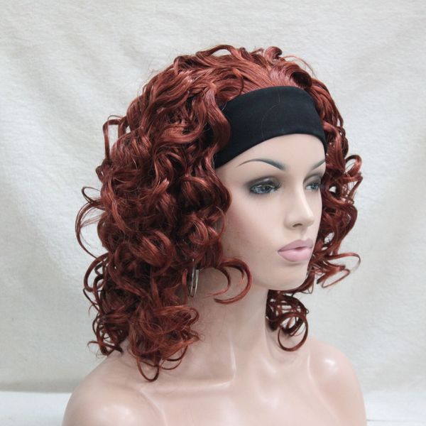 

new bright auburn red curly 16" short synthetic 3/4 wig women's headband wig, Black