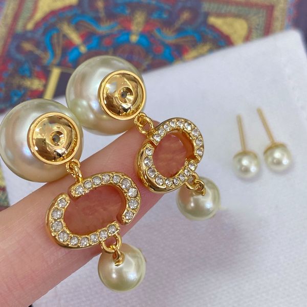 

designer gold plated classic lady pearl earrings hanging style milk white pearl famous brand round earring wedding jewelry, Golden;silver
