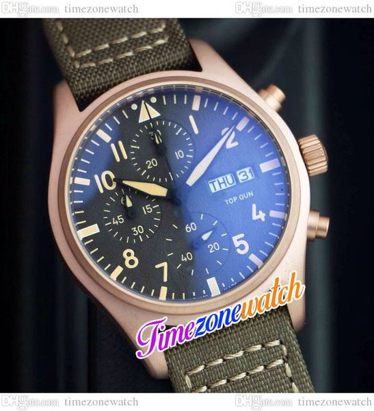 

43mm pilots iw389103 6s00 quartz chronograph mens watch black dial rose gold case green nylon leather satch double calendar watches timezone, Slivery;brown