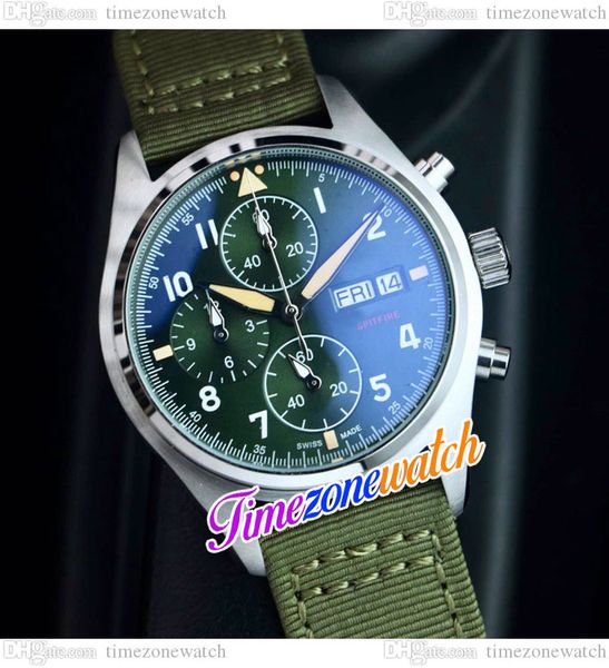 

43mm pilots iw377726 6s00 quartz chronograph mens watch green white number dial steel case green nylon leather satch double calendar watches, Slivery;brown