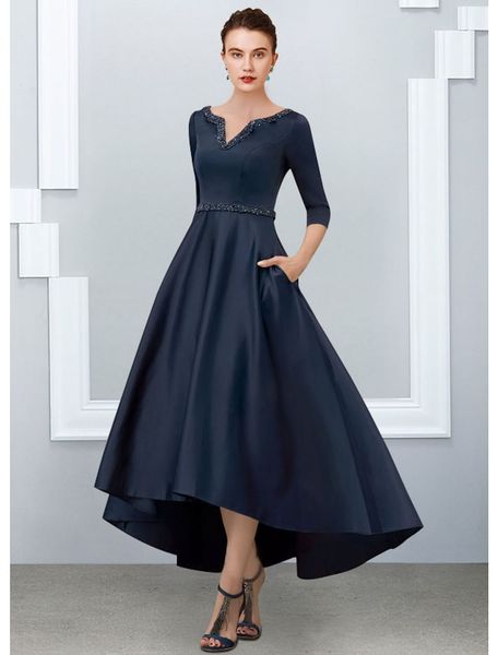 

dark navy mother of the bride dress vintage plus size bridal party gown elegant v neck ankle length satin half sleeve with pleats 2022 custo, Black;red