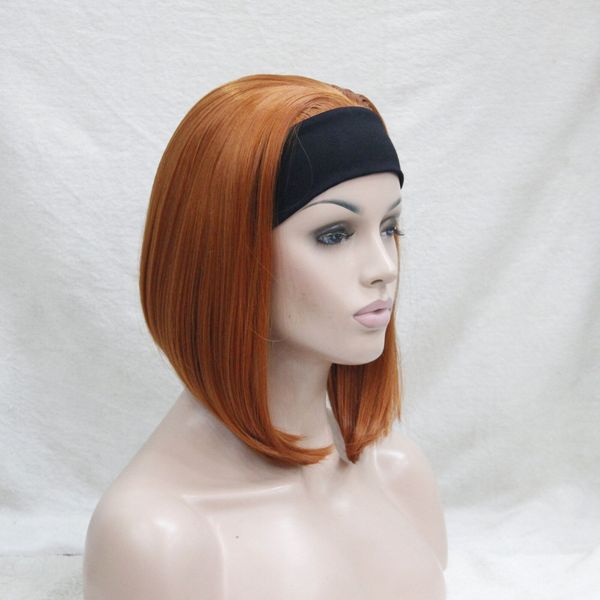 

cute bob 3/4 wig with headband orange brown straight women's short half hair wig, Black
