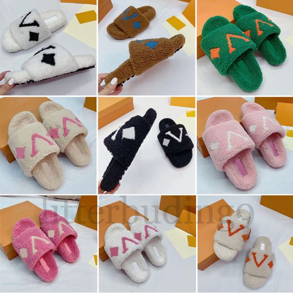 

with box flat slippers shearling wool slipper comfort women shoes embossed fur plush womens slides winter slide sandals luxury indoor fluzzy, Black