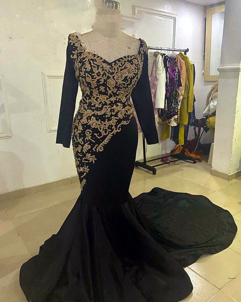 

2022 arabic aso ebi black mermaid prom dresses lace satin evening formal party second reception birthday bridesmaid engagement gowns dress z