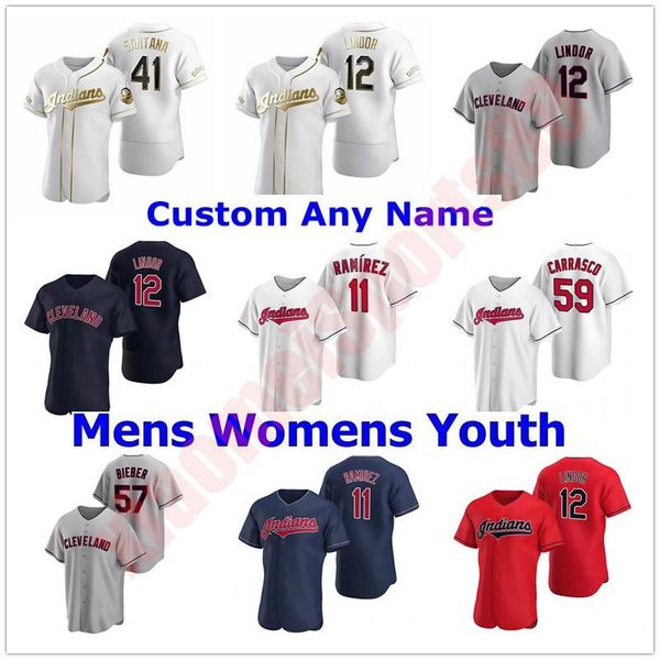 

college wear 20 21 cleveland men women kids youth baseball jerseys francisco lindor indians jose ramirez roberto perez shane bieber franmil, Black
