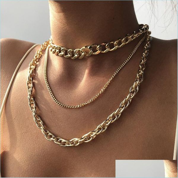 

chains women necklaces jewelry 3 pcs/set trendy fashion gold sier color geometric alloy link chain punk hip hop 3480 q2 drop delivery dhnzb, Silver