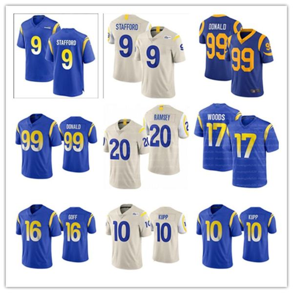 

college wear 2021 mens 9 matthew stafford 99 aaron donald football jersey 16 jared goff 10 cooper kupp 17 robert woods 20 jalen ramsey stitc, Black