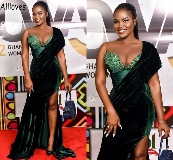 

velvet dark green mermaid evening dresses arabic aso ebi sequins beaded lace appliqued prom party gowns split side special occasion celebirt, Black;red