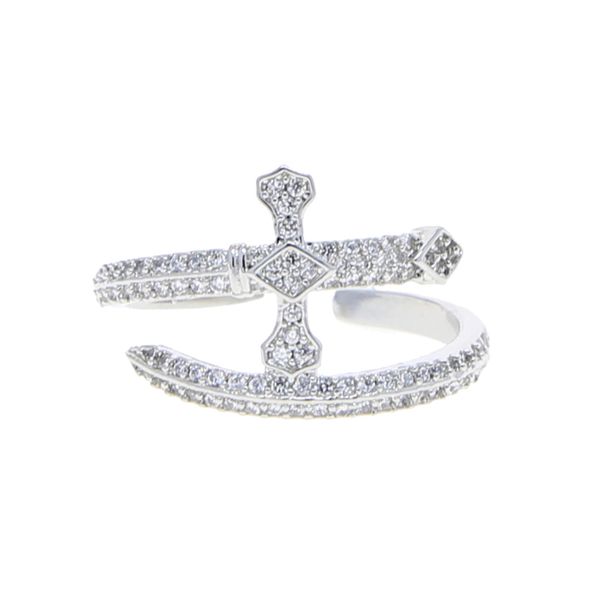 

iced out cubic zirconia sword shaped ring hip hop women men finger open band punk rings jewelry for party gift drop ship, Silver