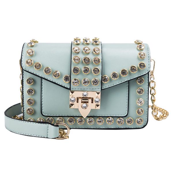 

new clutch purses bag handbags for women rivets diamond faux leather flip small square bags mini chain shoulder messenger