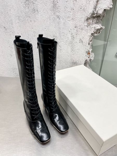 

autumn and winter 2022 new boots style thick heel cavalry boots riding retro front lace up high knee length female, Black