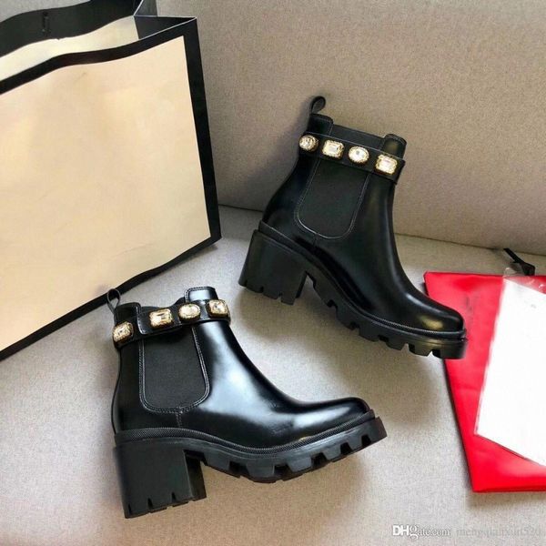 

martin short boots cowhide belt buckle metal women shoes classic thick heels leather designer shoe high heeled fashion diamond lady boot lar, Black