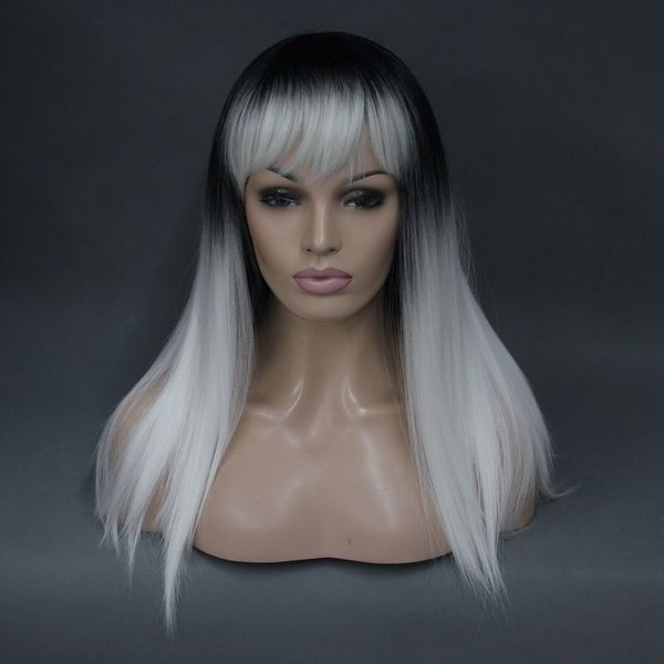 

vogue full wig ombre from black to white straight long heat-ok synthetic hair