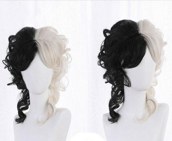 

cruella cruella de vil cosplay wig heat resistant synthetic hair party wig, Black