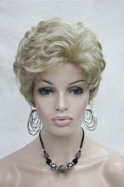 

charming curly light golden blonde short wavy synthetic hair full lady' wig, Black