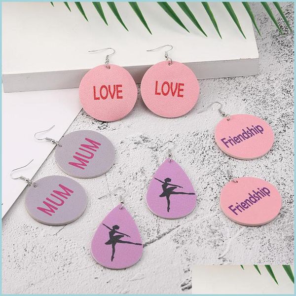 

charm charm design pu leather earrings ballet friendship mum love printed round teardrop dangle earring for women girl party jewelry dhpvq, Golden