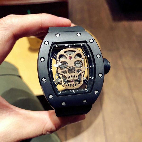 

wristwatches men's automatic mechanical watch. folding buckle imported rubber watchband skull ghost head watch size 43x50mm, Slivery;brown