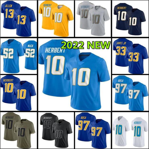 

10 justin herbert 52 khalil mack football jersey quentin johnston 27 joey j.c. jackson 3 derwin james jr 13 keenan allen joey bosa austin ek, Black;red