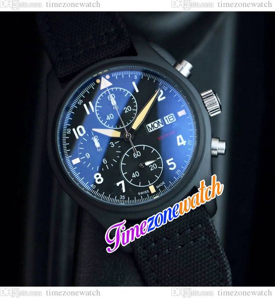 

43mm pilots iw389101 6s00 quartz chronograph mens watch black dial pvd black steel case nylon leather satch double calendar new watches time, Slivery;brown