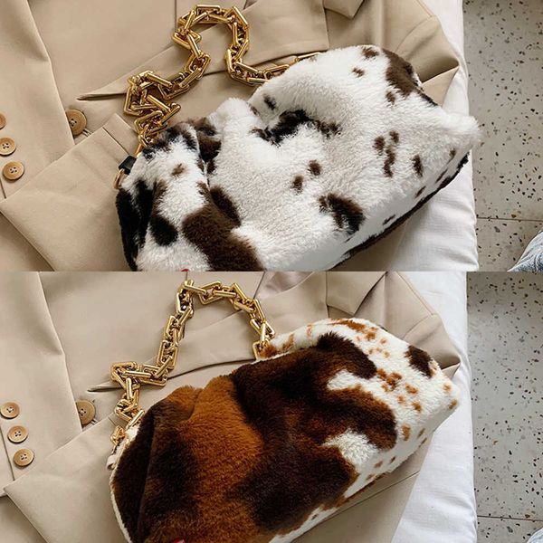 

single package fashion cow pattern cloud bag faux fur women shoulder s for 2020 branded chain dumplings soft plush 's handbag c0308