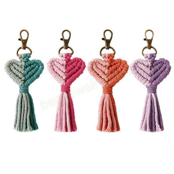 

handmade tassel macrame keychains boho handmade key holder bag car hanging jewelry gifts cotton rope woven heart keychain, Silver